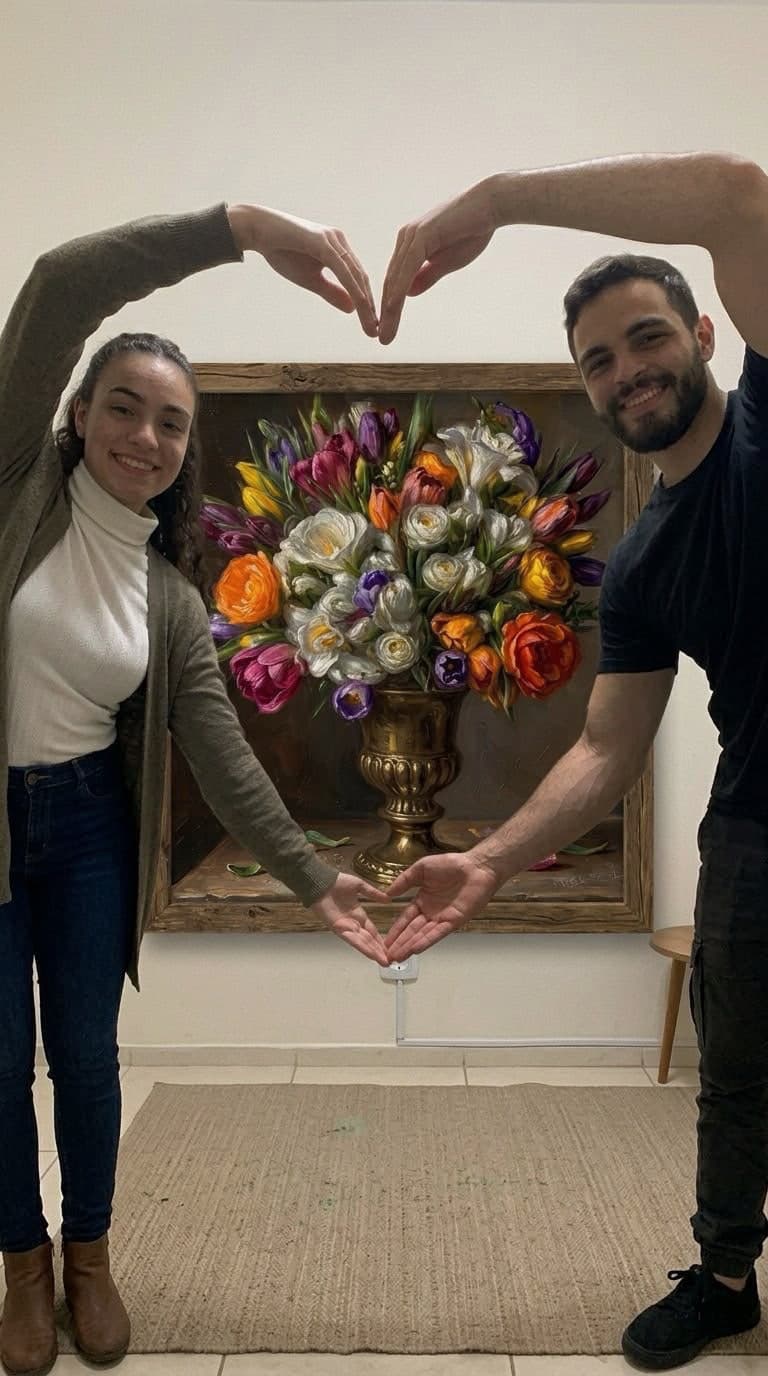 Aynı çift, duvardaki tablolarının iki yanında elleriyle kalp yapıyor; tabloda bronz bir kupada laleler, güller ve frezyalar